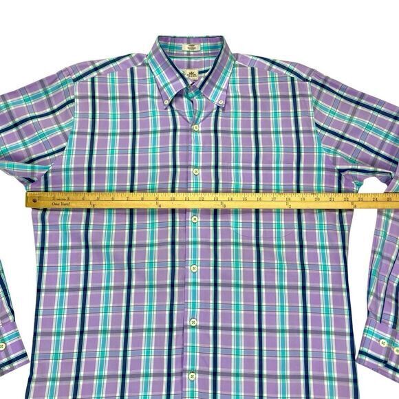 Peter Millar Button Front Shirt Mens M Blue Purple Plaid Casual Preppy Business - Picture 9 of 15